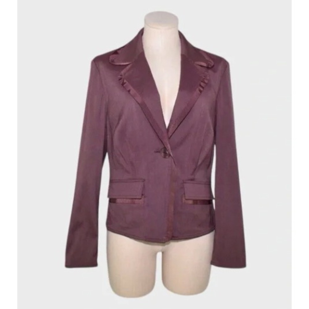 J. Jill Womens Plum Burgundy Grosgrain Trim Ruffle Blazer Jacket Size 2 NWT